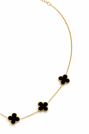 Kadın Gold Çelik Siyah Taşlı Yonca Zincir Kolye Alc-X15350