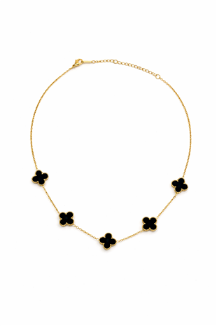 Kadın Gold Çelik Siyah Taşlı Yonca Zincir Kolye Alc-X15350