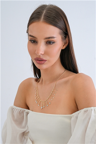 Kadın Gold Çelik Zirkon Taşlı Damla Kalp Tasarım Kolye Alc-X15346