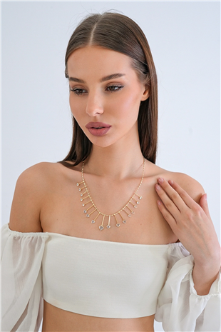 Kadın Gold Çelik Zirkon Taşlı Damla Kalp Tasarım Kolye Alc-X15346