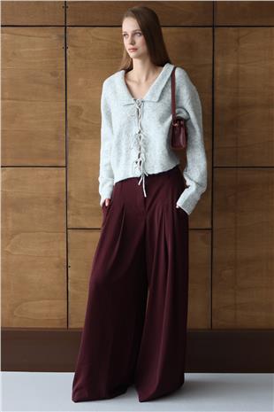 Kadın GRİ Bağlama Detaylı Polo Yaka Triko Hırka VS01429