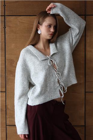 Kadın GRİ Bağlama Detaylı Polo Yaka Triko Hırka VS01429