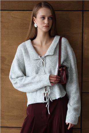 Kadın GRİ Bağlama Detaylı Polo Yaka Triko Hırka VS01429