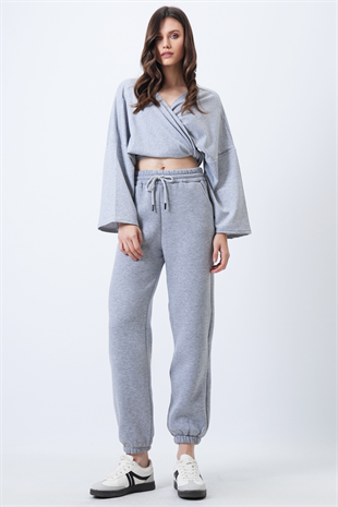 Kadın Gri Beli Lastikli Çift Cepli 3 İplik Eşofman Altı Vs01715