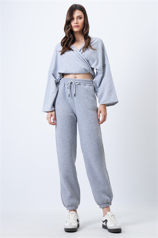 Kadın Gri Beli Lastikli Çift Cepli 3 İplik Eşofman Altı Vs01715