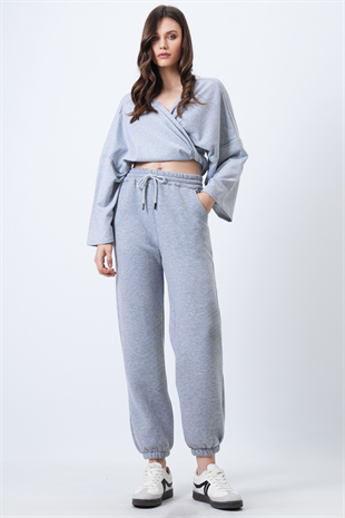 Kadın Gri Beli Lastikli Çift Cepli 3 İplik Eşofman Altı Vs01715