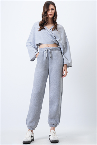 Kadın Gri Beli Lastikli Çift Cepli 3 İplik Eşofman Altı Vs01715