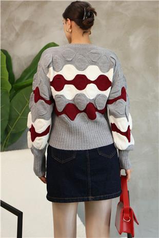 Kadın Gri Bisiklet Yaka Kabartma Desenli Triko Kazak Alc-X14744