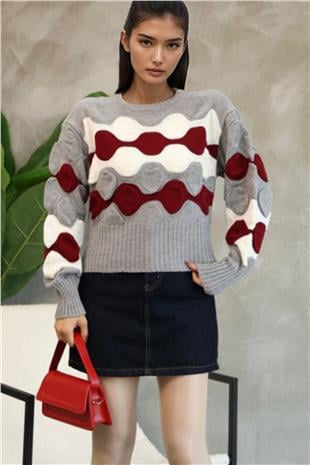 Kadın Gri Bisiklet Yaka Kabartma Desenli Triko Kazak Alc-X14744