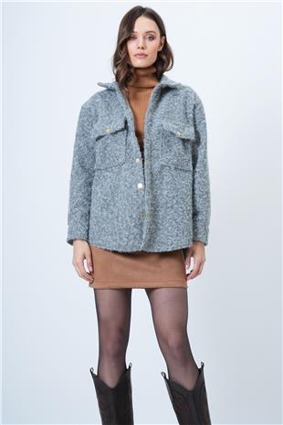 Kadın GRİ Buklet Dokulu Oversize Gömlek Ceket VS01506