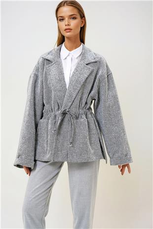 Kadın GRİ Ceket Yaka Beli Büzgülü Bağlamalı Astarsız Kaşe Kaban PRM1326