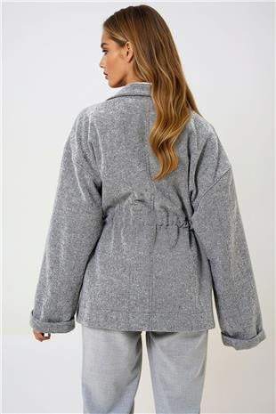 Kadın GRİ Ceket Yaka Beli Büzgülü Bağlamalı Astarsız Kaşe Kaban PRM1326