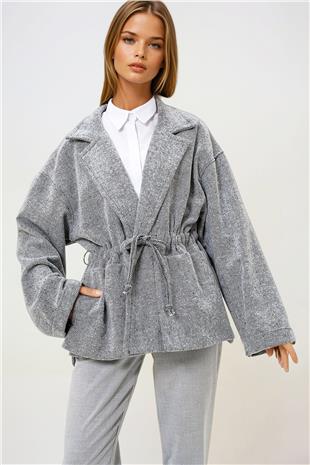 Kadın GRİ Ceket Yaka Beli Büzgülü Bağlamalı Astarsız Kaşe Kaban PRM1326