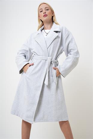 Kadın Gri Çift Cepli İçi Astarsız Kendinden Kemerli Kaşe Kaban Prm1102