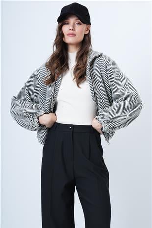 Kadın GRİ Fermuar Kapamalı Beli Lastikli Çift Cepli Bomber Kaşe Mont VS01553