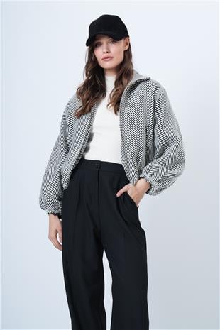 Kadın GRİ Fermuar Kapamalı Beli Lastikli Çift Cepli Bomber Kaşe Mont VS01553