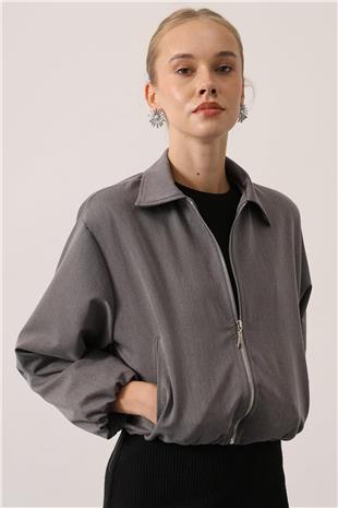 Kadın Gri Fermuar Kapamalı Beli Ve Kolları Lastikli Bomber Astarlı Ceket VS01533