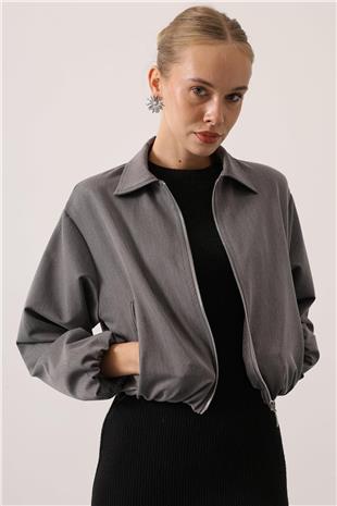 Kadın Gri Fermuar Kapamalı Beli Ve Kolları Lastikli Bomber Astarlı Ceket VS01533