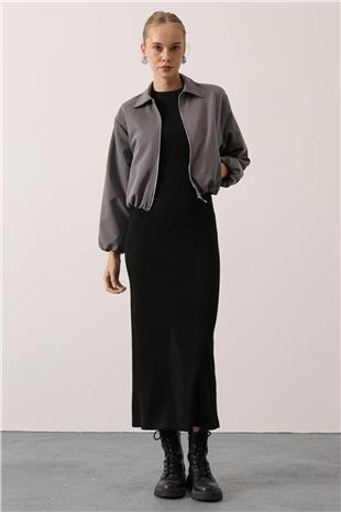 Kadın Gri Fermuar Kapamalı Beli Ve Kolları Lastikli Bomber Astarlı Ceket VS01533