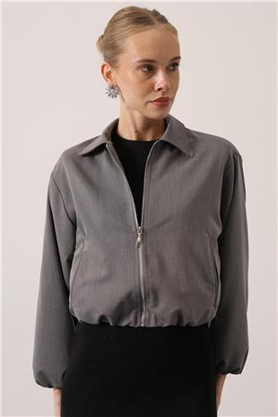 Kadın Gri Fermuar Kapamalı Beli Ve Kolları Lastikli Bomber Astarlı Ceket VS01533
