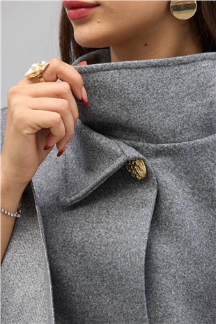 Kadın GRİ Gold Düğmeli Kemerli Kaşe Panço VS01678