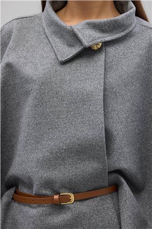 Kadın GRİ Gold Düğmeli Kemerli Kaşe Panço VS01678