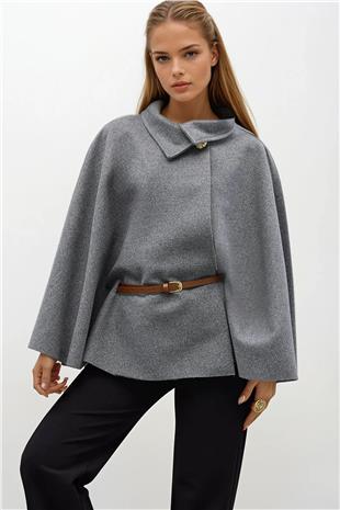 Kadın GRİ Gold Düğmeli Kemerli Kaşe Panço VS01678