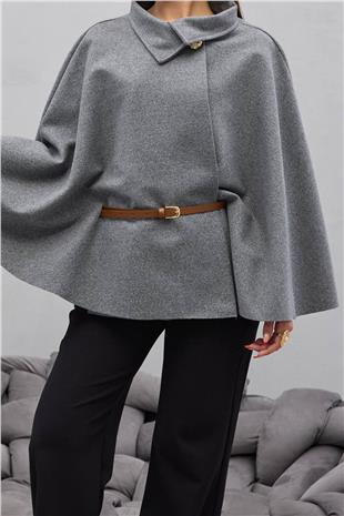 Kadın GRİ Gold Düğmeli Kemerli Kaşe Panço VS01678