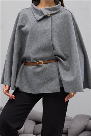 Kadın GRİ Gold Düğmeli Kemerli Kaşe Panço VS01678