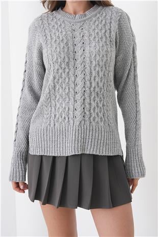 Kadın GRİ Kalın Örgü Desenli Bisiklet Yaka Triko Kazak VS01438