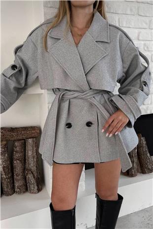 Kadın GRİ Kruvaze Yaka Kuşak Bağlamalı Kaşe Astarlı Kaban VS01647