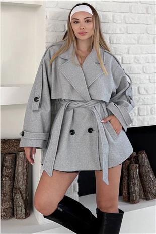 Kadın GRİ Kruvaze Yaka Kuşak Bağlamalı Kaşe Astarlı Kaban VS01647