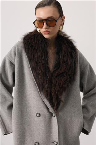 Kadın Gri Çıkarılabilinir Kürk Yaka Düğme Kapamalı Kaşe Kaban VS01538