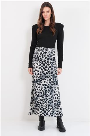 Kadın Gri Leopar Desenli Fermuarlı Midi Boy Saten Etek Alc-X14781