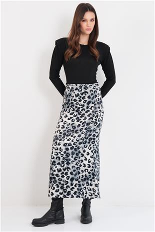 Kadın Gri Leopar Desenli Fermuarlı Midi Boy Saten Etek Alc-X14781