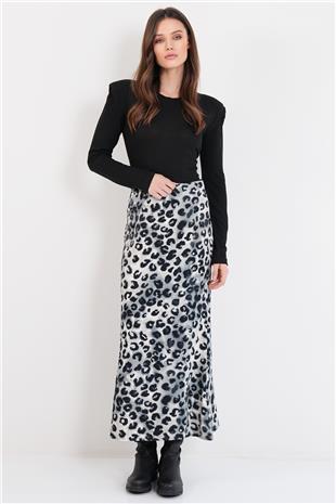 Kadın Gri Leopar Desenli Fermuarlı Midi Boy Saten Etek Alc-X14781