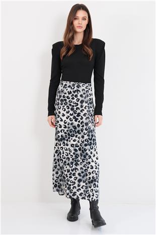 Kadın Gri Leopar Desenli Fermuarlı Midi Boy Saten Etek Alc-X14781