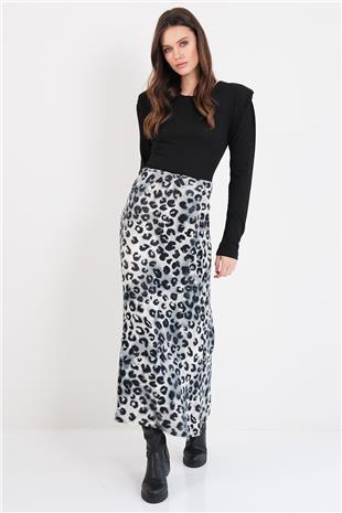 Kadın Gri Leopar Desenli Fermuarlı Midi Boy Saten Etek Alc-X14781