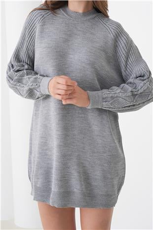 Kadın GRİ Örgü Detaylı Balon Kollu Triko Elbise VS01437