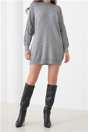 Kadın GRİ Örgü Detaylı Balon Kollu Triko Elbise VS01437
