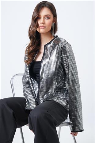 Kadın GRİ Payetli Açık Form Ceket VS01653