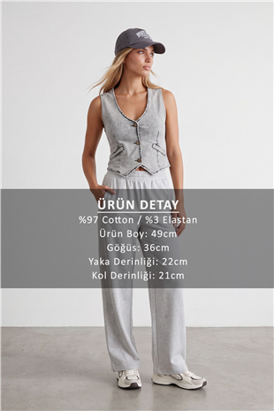 Kadın Gri V Yaka Yıkamalı Jean Yelek Alc-X15868