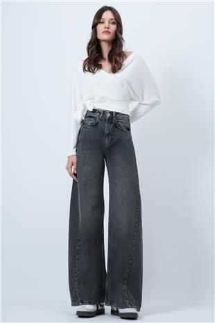 Kadın GRİ Yüksek Bel 5 Cepli Baggy Jean VS01450
