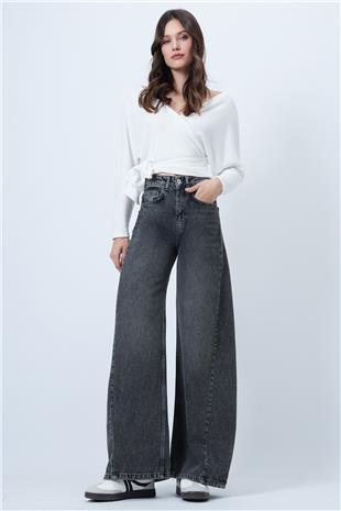 Kadın GRİ Yüksek Bel 5 Cepli Baggy Jean VS01450