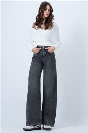Kadın GRİ Yüksek Bel 5 Cepli Baggy Jean VS01450