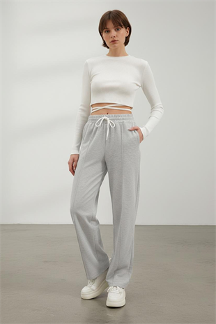 Kadın Gri Yüksek Bel Önü Çimalı Bol Paça Çift Cepli Eşofman Altı ALC-X7957