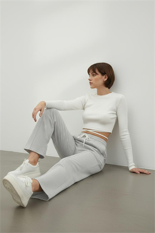 Kadın Gri Yüksek Bel Önü Çimalı Bol Paça Çift Cepli Eşofman Altı ALC-X7957