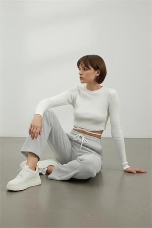 Kadın Gri Yüksek Bel Önü Çimalı Bol Paça Çift Cepli Eşofman Altı ALC-X7957