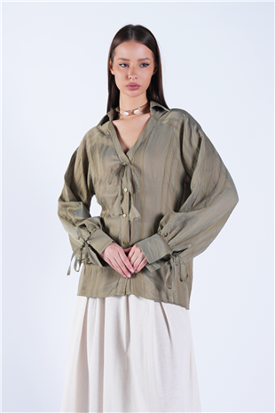 Kadın Haki Ara Dantel Detaylı Dökümlü Manşet Kol Oversize Gömlek Alc-X15116