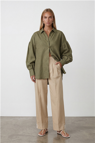 Kadın Haki Balon Kol Geniş Manşetli Oversize Keten Gömlek Alc-X15426